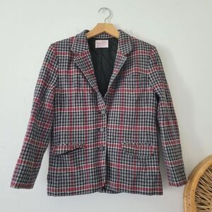 Pendleton 100% Virgin Wool Vintage Houndstooth Blazer Jacket Gray Red S Petite